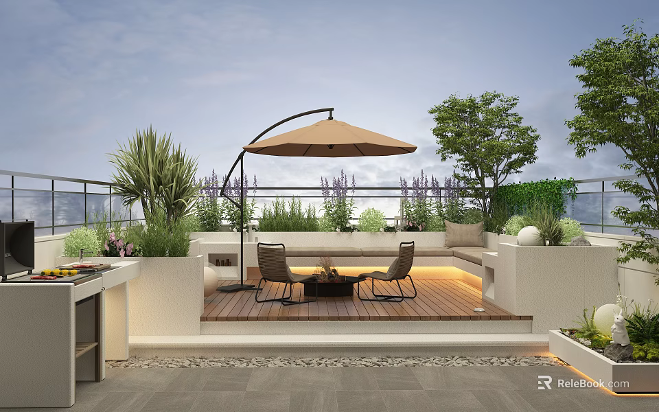 Rooftop Garden Outdoor Living Space With Wooden Deck Umbrella Tables Chairs And Green Plants 3d model 