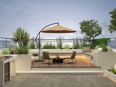Rooftop Garden Outdoor Living Space With Wooden Deck Umbrella Tables Chairs And Green Plants 3d model