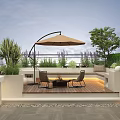 Rooftop Garden Outdoor Living Space With Wooden Deck Umbrella Tables Chairs And Green Plants