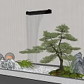 Modern Indoor Landscape With Waterfall Feature Bonsai Pine Tree Rock Formations And Green Plants