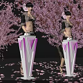 Two Female Figures With Purple V Stands Among Pink Cherry Blossom Trees And Scattered Petals