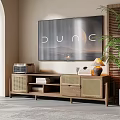 Natural Wooden TV Stand with Rattan Doors Storage Compartments TV Books and Decorative Items
