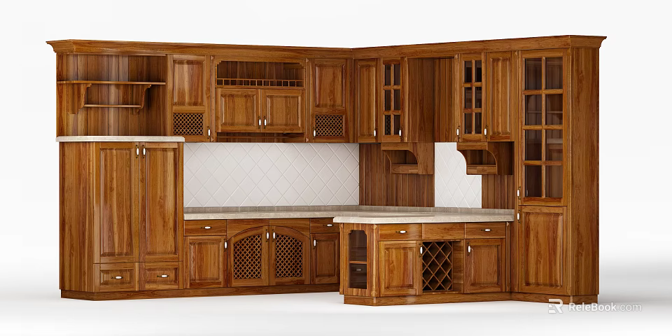 Classic Wooden Kitchen Cabinets With Glass Doors Wine Rack And Countertop 3d model 