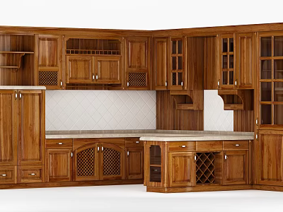 Classic Wooden Kitchen Cabinets With Glass Doors Wine Rack And Countertop 3d model
