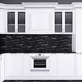 Modern Kitchen Interior With White Cabinets Glass Doors And Black Marble Backsplash