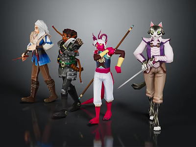 Diverse Character And Creature Figurines With White Hair Bow Weapon Pink Form And Cat Ears 3d model