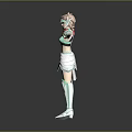 Game Movie Character With Pink Short Hair Green White Armor Costume Standing Pose Arms Outstretched