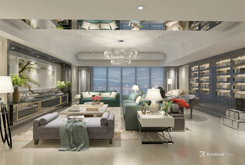 Elegant Modern Luxury Living Room Interior With Comfortable Sofas Crystal Chandelier And Large Panoramic Window 3d model 