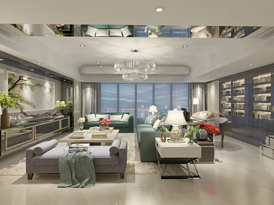 Elegant Modern Luxury Living Room Interior With Comfortable Sofas Crystal Chandelier And Large Panoramic Window 3d model