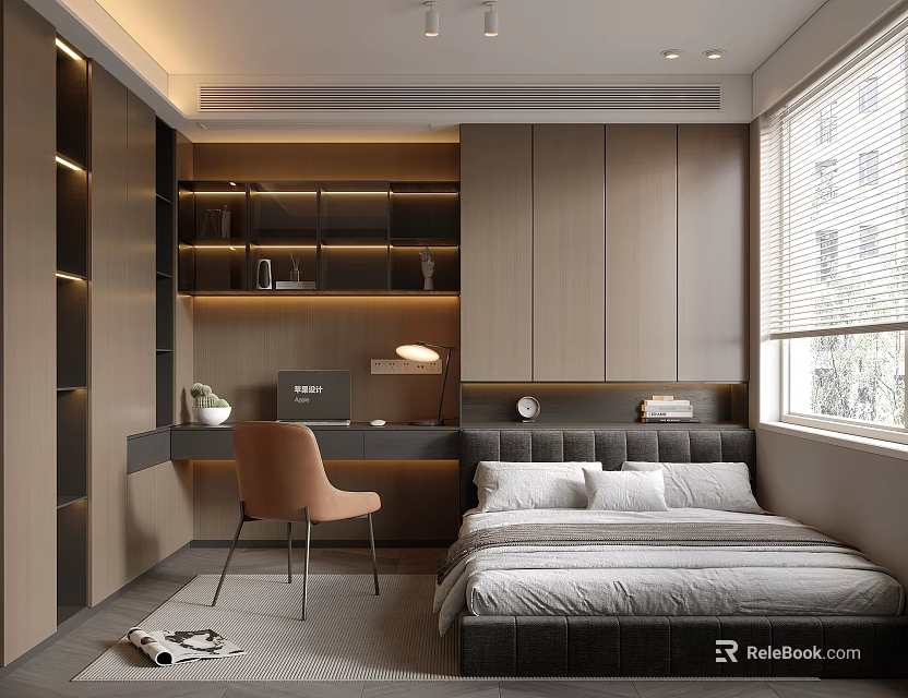 Modern Tatami Bedroom Interior With Tatami Bed Desk Chair And Storage Cabinets 3d model 