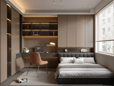 Modern Tatami Bedroom Interior With Tatami Bed Desk Chair And Storage Cabinets 3d model