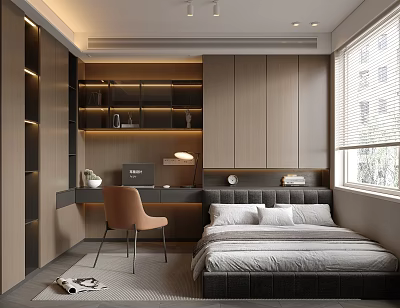 Modern Tatami Bedroom Interior With Tatami Bed Desk Chair And Storage Cabinets 3d model
