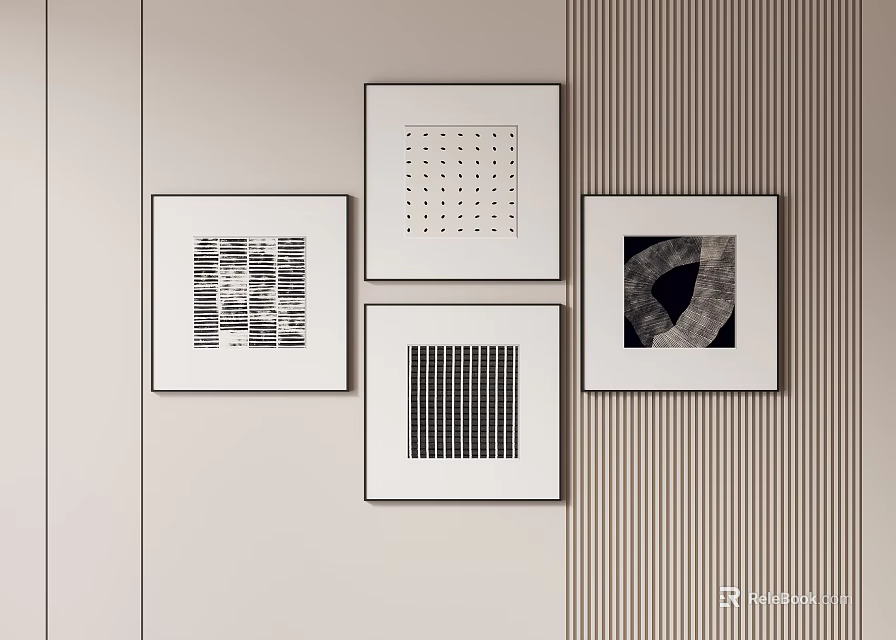 Four Square Abstract Paintings as Modern Wall Art with Striped Background Design 3d model 