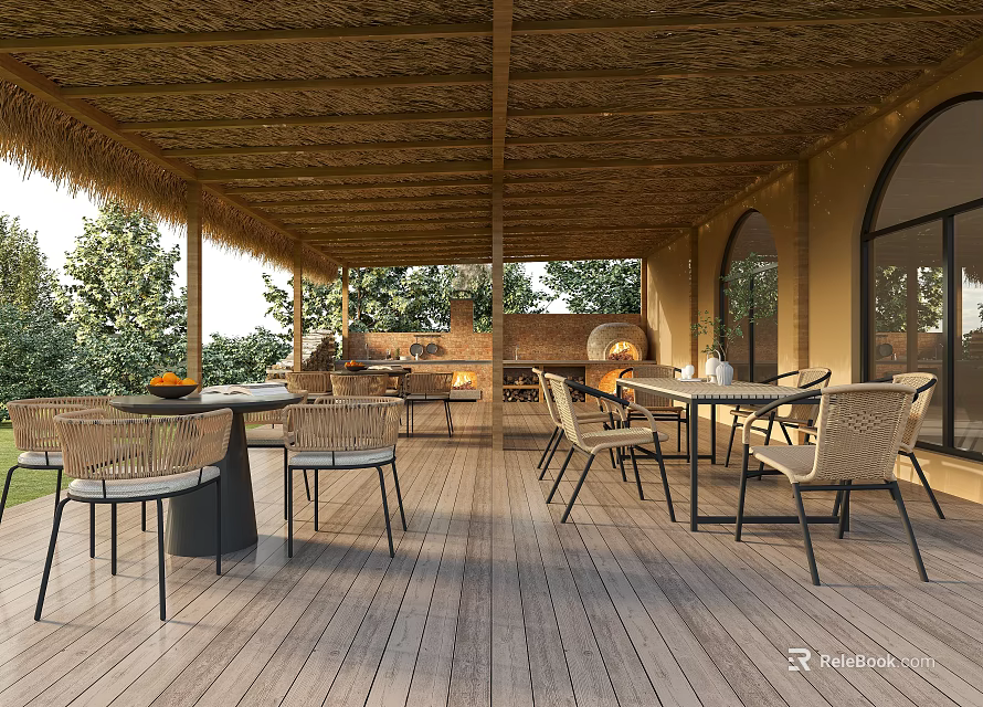 Tropical Style Thatched Roof Outdoor Patio With Wooden Deck Dining Sets And Functional Open Kitchen 3d model 