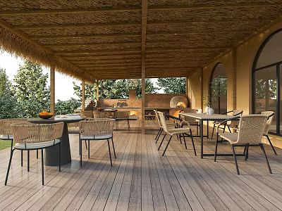 Tropical Style Thatched Roof Outdoor Patio With Wooden Deck Dining Sets And Functional Open Kitchen 3d model