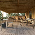 Tropical Style Thatched Roof Outdoor Patio With Wooden Deck Dining Sets And Functional Open Kitchen