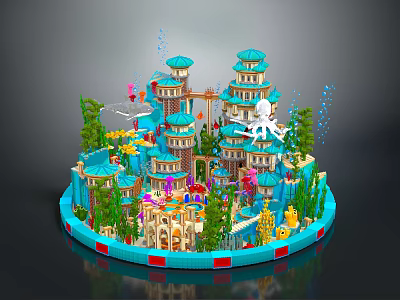 Cartoon Underwater Scene With Building Blocks Towers Blue Domes Green Plants And Octopus Decoration 3d model