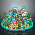Cartoon Underwater Scene With Building Blocks Towers Blue Domes Green Plants And Octopus Decoration