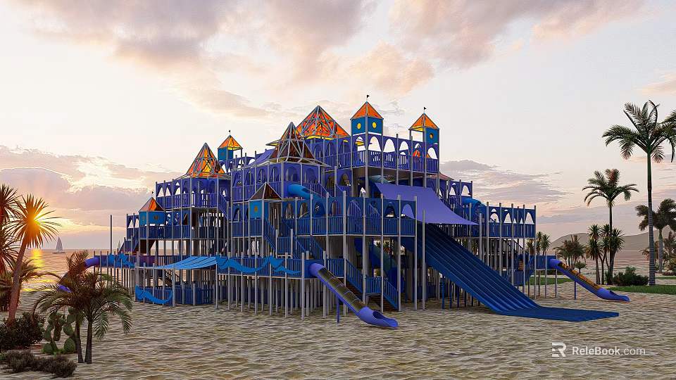 Castle Themed Playground Equipment With Multiple Slides On Beach At Sunset With Clouds 3d model 