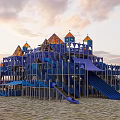 Castle Themed Playground Equipment With Multiple Slides On Beach At Sunset With Clouds 3d model