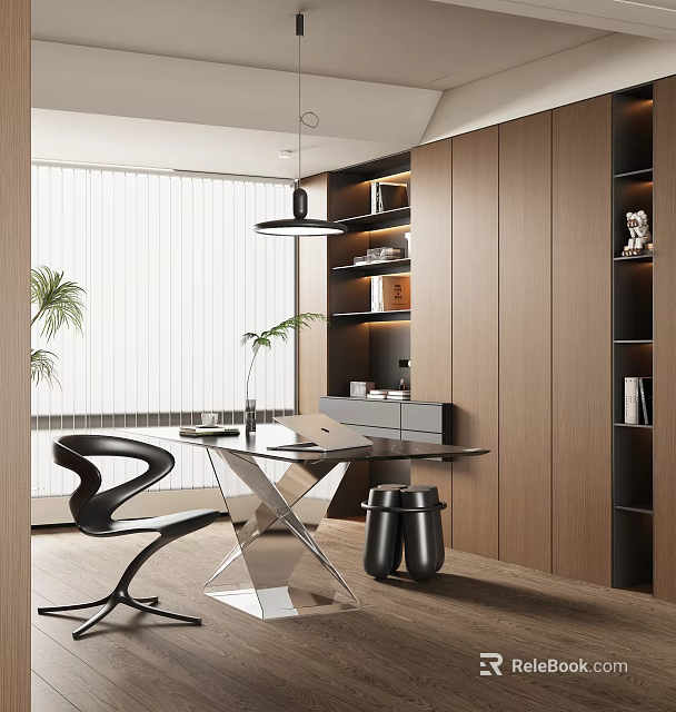 Modern Study Room Interior Design With Wooden Cabinets Glass Desk Black Chair And Hanging Lamp 3d model 