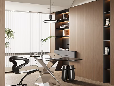 Modern Study Room Interior Design With Wooden Cabinets Glass Desk Black Chair And Hanging Lamp 3d model