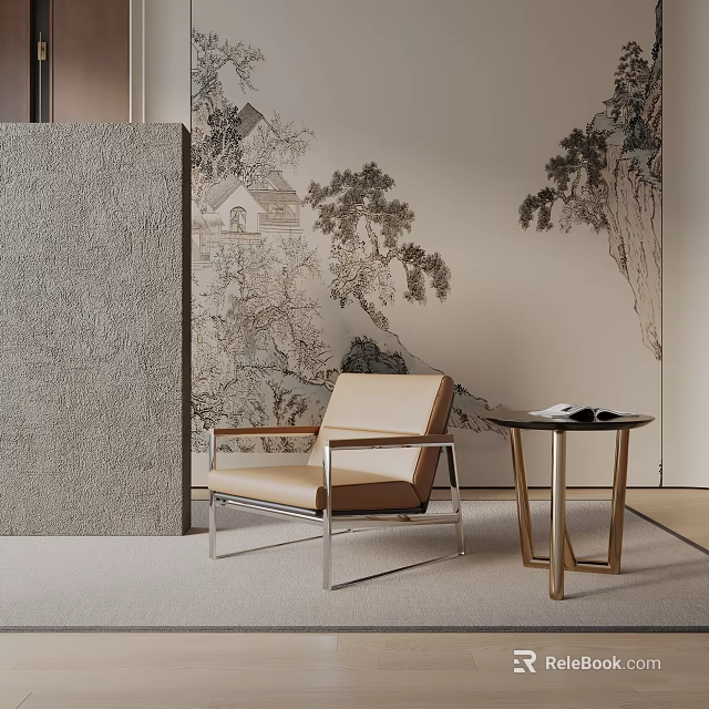 Elegant Accent Chair With Side Table Against Landscape Painting Wallpaper And Room Divider 3d model 