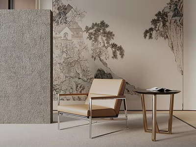 Elegant Accent Chair With Side Table Against Landscape Painting Wallpaper And Room Divider 3d model