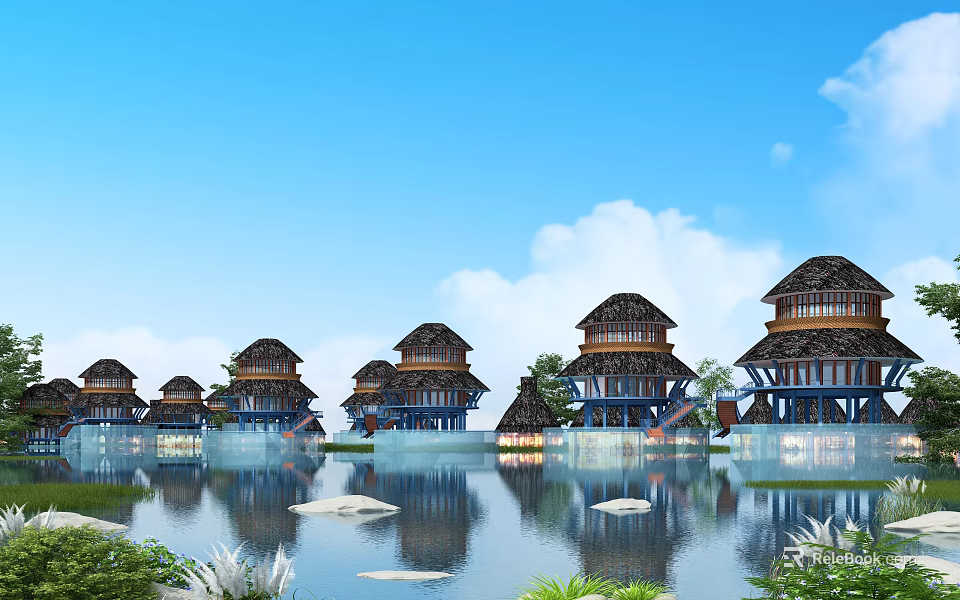 Waterfront Wooden Houses With Reflections In Calm Water And Blue Sky With White Clouds 3d model 