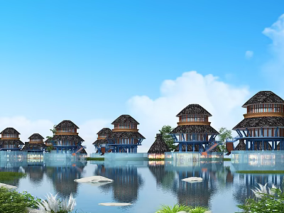 Waterfront Wooden Houses With Reflections In Calm Water And Blue Sky With White Clouds 3d model