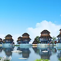 Waterfront Wooden Houses With Reflections In Calm Water And Blue Sky With White Clouds