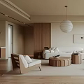 Modern Living Room Interior With Wooden Elements White Sofa Round Coffee Table Floor-to-Ceiling Windows Blinds
