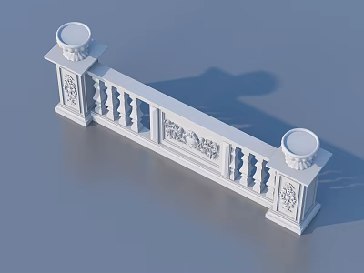 Elegant White Ornamental Balustrade With Intricate Carved Details And Circular Top Pillars 3d model
