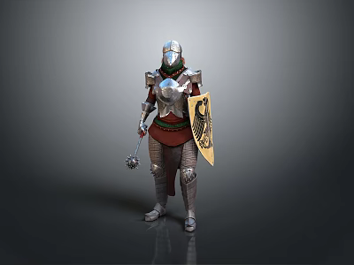 Man wearing medieval armor holding mace and yellow shield with black emblem 3d model