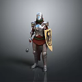 Man wearing medieval armor holding mace and yellow shield with black emblem