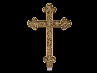 Golden Cross Decorative Ornament Set with Intricate Carvings and USB Interface Design 3d model