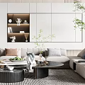 Modern Living Room Interior Design With Light Beige Sofa Wooden Elements And Herringbone Rug