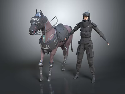 Police Officer in Black Tactical Uniform Standing Side by Side with Police Horse 3d model