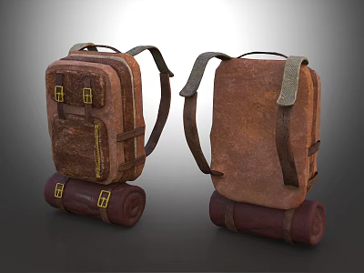 Vintage Brown Leather Travel Backpacks With Adjustable Straps And Rolled Blanket 3d model