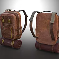 Vintage Brown Leather Travel Backpacks With Adjustable Straps And Rolled Blanket