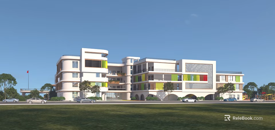 Modern School Building Exterior Design with Yellow Green Red Strips and Lawn Trees 3d model 