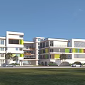 Modern School Building Exterior Design with Yellow Green Red Strips and Lawn Trees