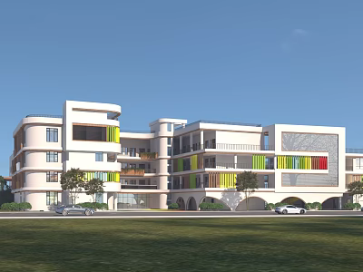 Modern School Building Exterior Design with Yellow Green Red Strips and Lawn Trees 3d model