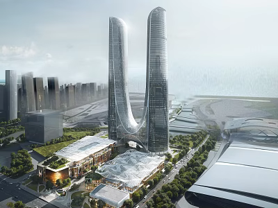 Modern Office Building With Curved Glass Twin Towers And Urban Green Surroundings 3d model