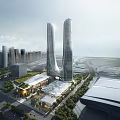 Modern Office Building With Curved Glass Twin Towers And Urban Green Surroundings