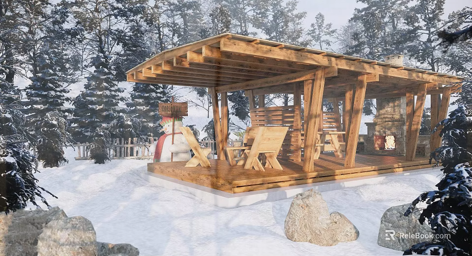 Open Air Wooden Garden Pavilion In Snowy Landscape With Trees And Seating Chairs 3d model 