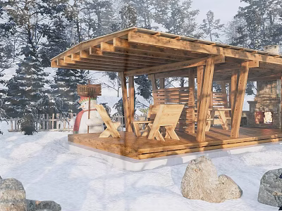 Open Air Wooden Garden Pavilion In Snowy Landscape With Trees And Seating Chairs 3d model