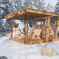 Open Air Wooden Garden Pavilion In Snowy Landscape With Trees And Seating Chairs