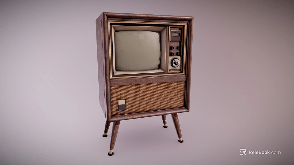 Vintage Television With Wooden Case Woven Panel Retro Design And Stand Legs 3d model 