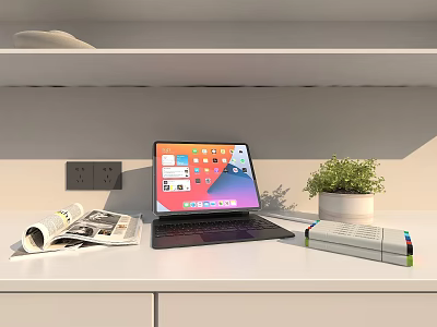Modern Laptop With Lit Screen On White Desk Featuring Magazines Potted Plant And Colorful Markers 3d model